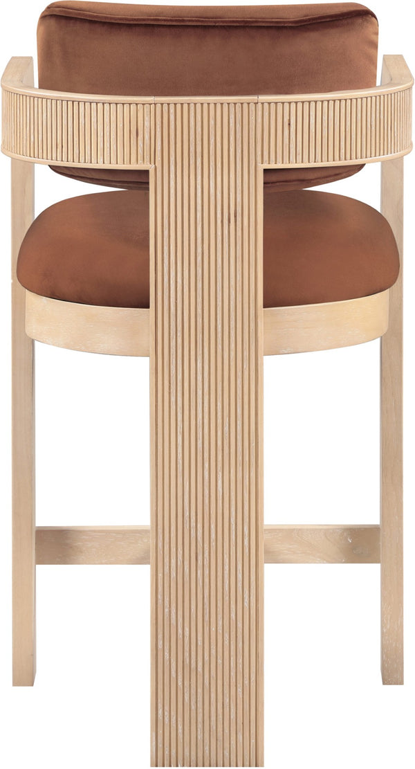 Meridian Furniture Sacha Cognac Velvet Counter Stool with Fluted Solid Wood Frame for Kitchen Islands 11077Cognac-C