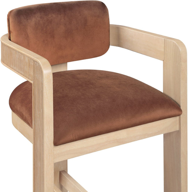 Meridian Furniture Sacha Cognac Velvet Counter Stool with Fluted Solid Wood Frame for Kitchen Islands 11077Cognac-C