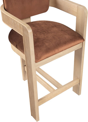 Meridian Furniture Sacha Cognac Velvet Counter Stool with Fluted Solid Wood Frame for Kitchen Islands 11077Cognac-C