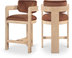 Meridian Furniture Sacha Cognac Velvet Counter Stool with Fluted Solid Wood Frame for Kitchen Islands 11077Cognac-C