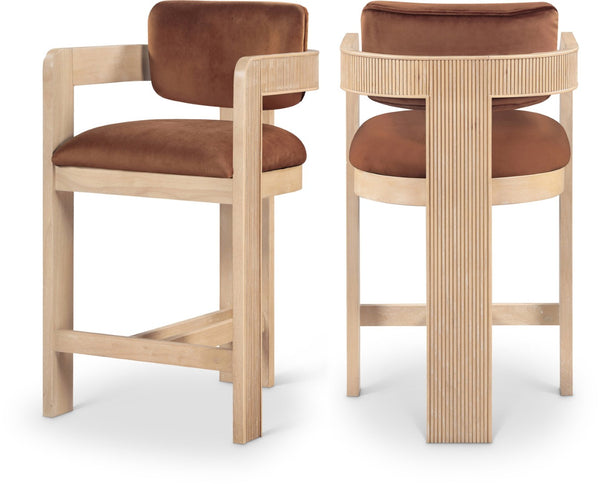 Meridian Furniture Sacha Cognac Velvet Counter Stool with Fluted Solid Wood Frame for Kitchen Islands 11077Cognac-C