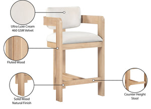 Meridian Furniture Sacha Velvet Counter Stool with Fluted Wood Frame for Kitchen Islands 11077Cream-C