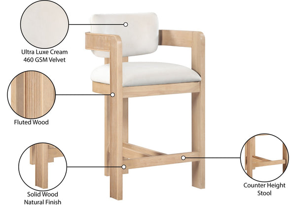 Meridian Furniture Sacha Velvet Counter Stool with Fluted Wood Frame for Kitchen Islands 11077Cream-C