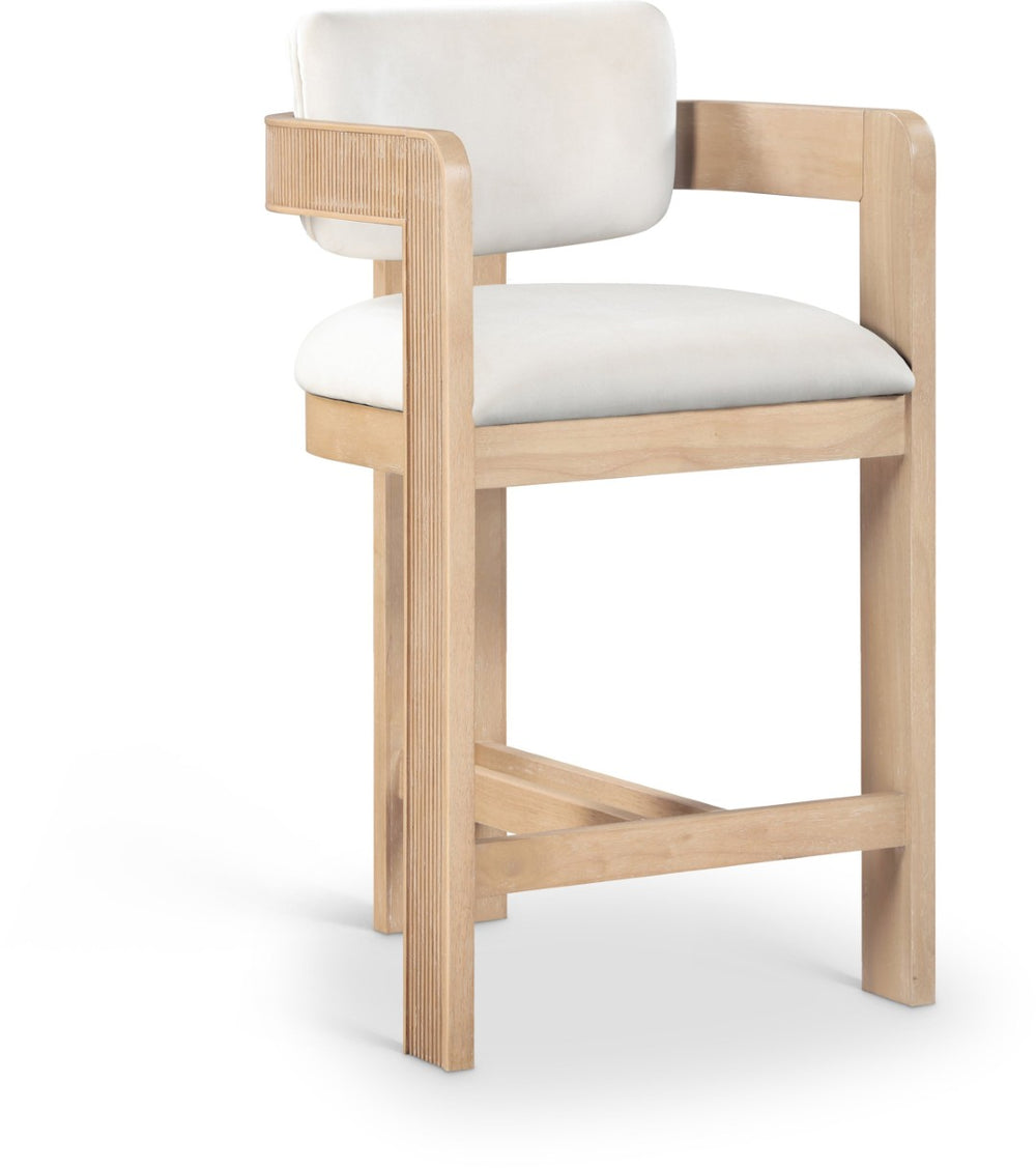 Meridian Furniture Sacha Velvet Counter Stool with Fluted Wood Frame for Kitchen Islands 11077Cream-C