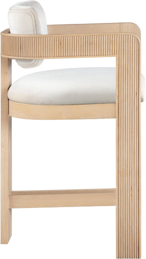 Meridian Furniture Sacha Velvet Counter Stool with Fluted Wood Frame for Kitchen Islands 11077Cream-C