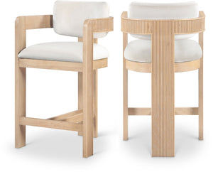 Meridian Furniture Sacha Velvet Counter Stool with Fluted Wood Frame for Kitchen Islands 11077Cream-C