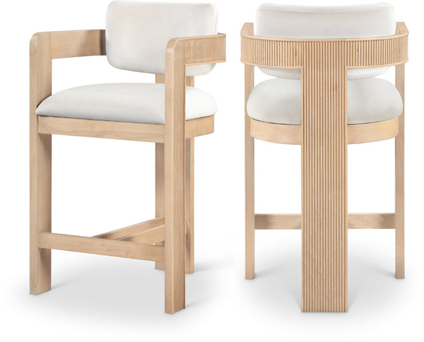 Meridian Furniture Sacha Velvet Counter Stool with Fluted Wood Frame for Kitchen Islands 11077Cream-C
