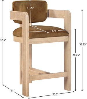 Meridian Furniture Sacha Fluted Wood Frame Velvet Counter Stool for Kitchen Bar or Dining Nook 11077Saddle-C