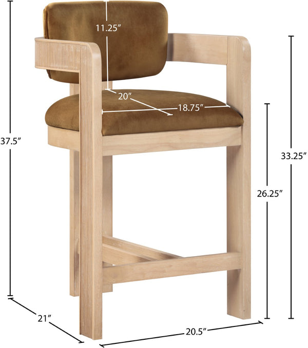 Meridian Furniture Sacha Fluted Wood Frame Velvet Counter Stool for Kitchen Bar or Dining Nook 11077Saddle-C