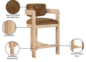 Meridian Furniture Sacha Fluted Wood Frame Velvet Counter Stool for Kitchen Bar or Dining Nook 11077Saddle-C