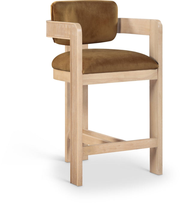 Meridian Furniture Sacha Fluted Wood Frame Velvet Counter Stool for Kitchen Bar or Dining Nook 11077Saddle-C