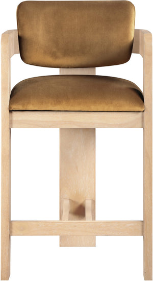 Meridian Furniture Sacha Fluted Wood Frame Velvet Counter Stool for Kitchen Bar or Dining Nook 11077Saddle-C