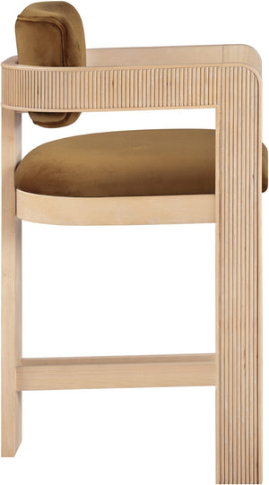 Meridian Furniture Sacha Fluted Wood Frame Velvet Counter Stool for Kitchen Bar or Dining Nook 11077Saddle-C