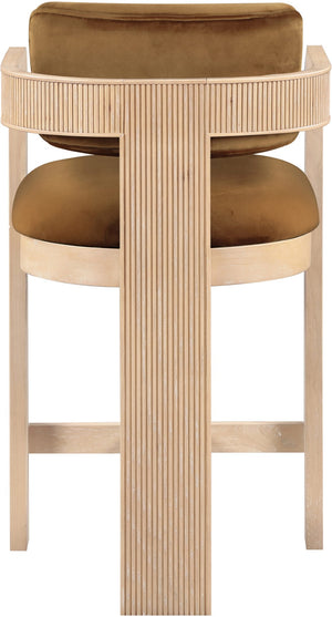Meridian Furniture Sacha Fluted Wood Frame Velvet Counter Stool for Kitchen Bar or Dining Nook 11077Saddle-C