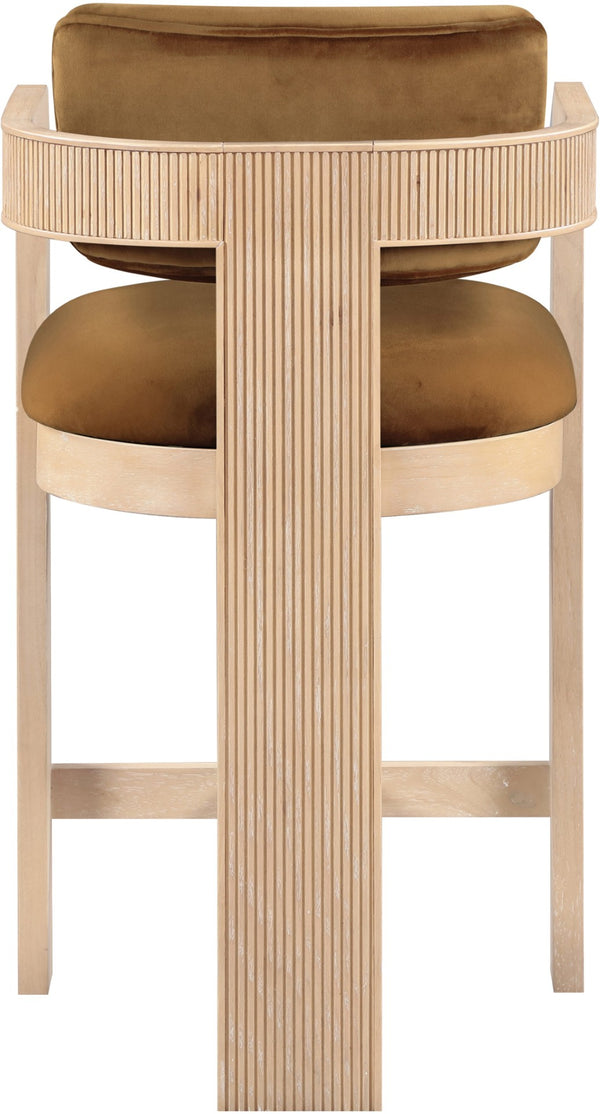 Meridian Furniture Sacha Fluted Wood Frame Velvet Counter Stool for Kitchen Bar or Dining Nook 11077Saddle-C
