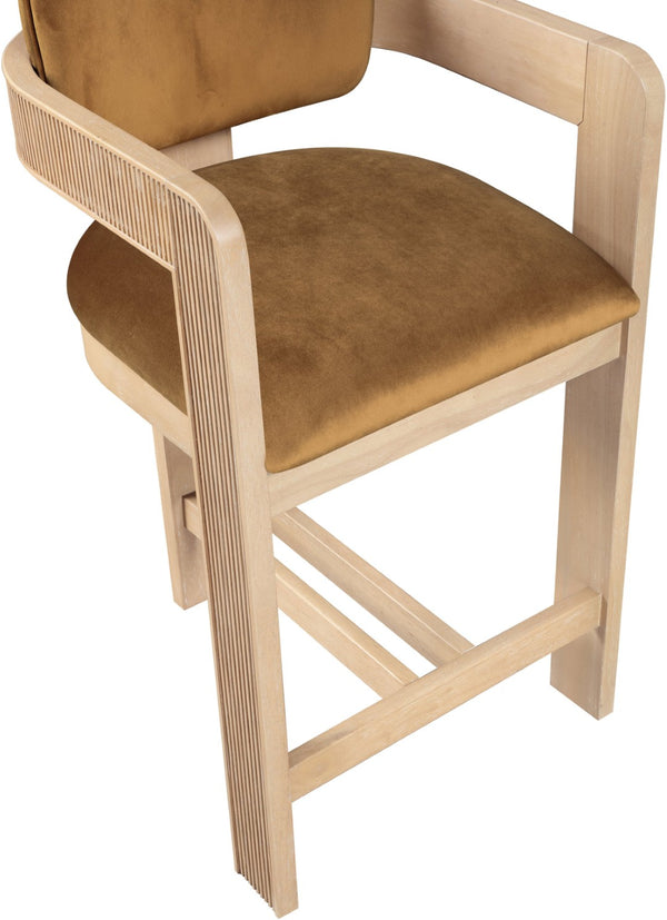 Meridian Furniture Sacha Fluted Wood Frame Velvet Counter Stool for Kitchen Bar or Dining Nook 11077Saddle-C
