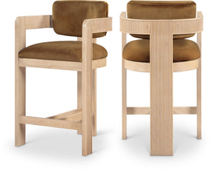 Meridian Furniture Sacha Fluted Wood Frame Velvet Counter Stool for Kitchen Bar or Dining Nook 11077Saddle-C