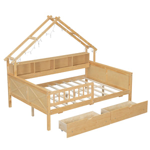 English Elm Wood Full Size Gaming Loft Bed with Integrated Desk, Shelves, LED Lighting & Hanging Clothes Rack Natural N7090001044N