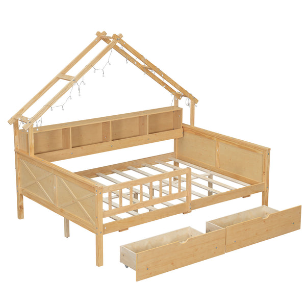 English Elm Wood Full Size Gaming Loft Bed with Integrated Desk, Shelves, LED Lighting & Hanging Clothes Rack Natural N7090001044N