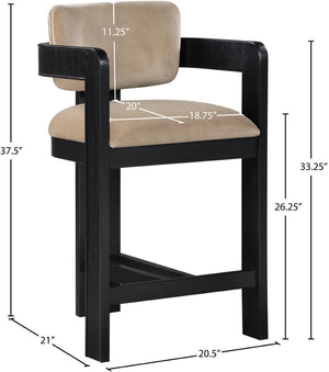 Meridian Furniture Sacha Beige Velvet Counter Stool with Fluted Wood Frame for Kitchen or Bar 11078Beige-C