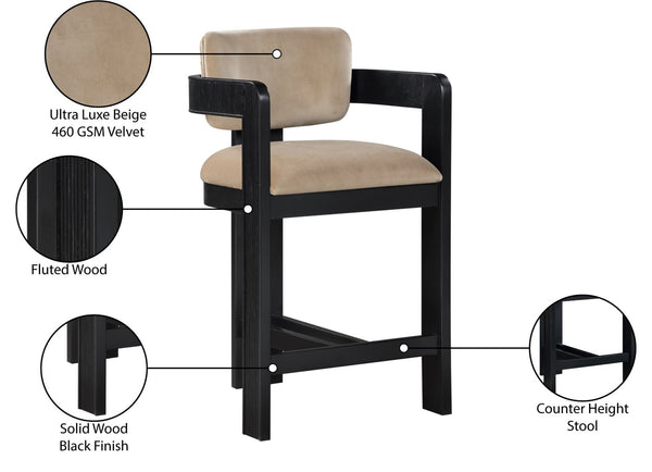 Meridian Furniture Sacha Beige Velvet Counter Stool with Fluted Wood Frame for Kitchen or Bar 11078Beige-C