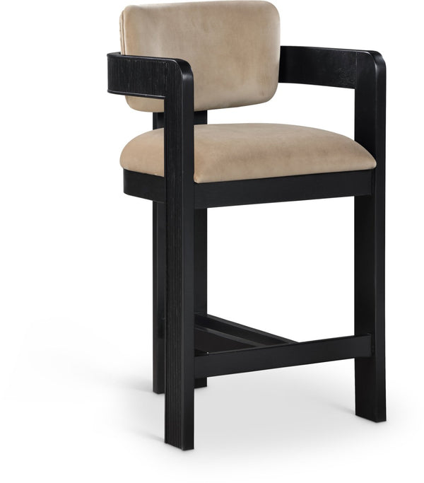 Meridian Furniture Sacha Beige Velvet Counter Stool with Fluted Wood Frame for Kitchen or Bar 11078Beige-C
