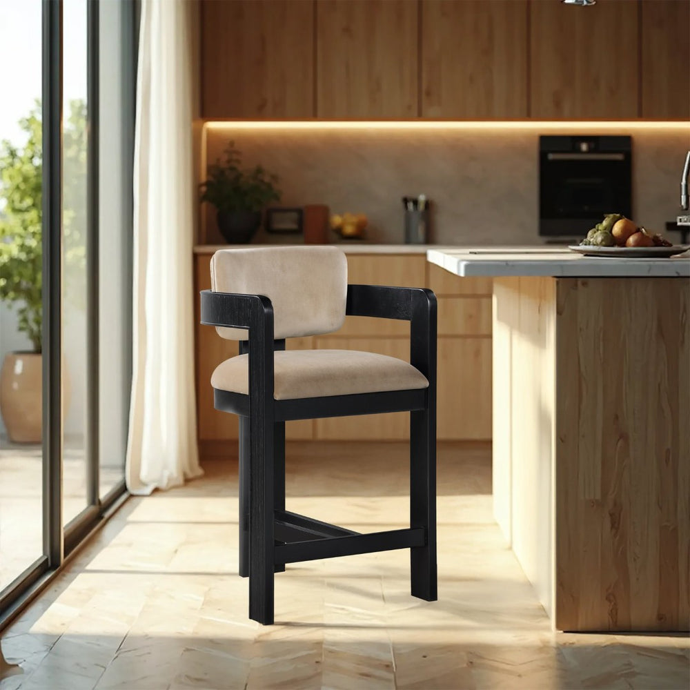 Meridian Furniture Sacha Beige Velvet Counter Stool with Fluted Wood Frame for Kitchen or Bar 11078Beige-C