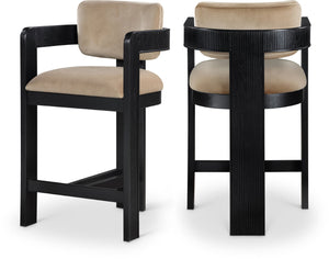 Meridian Furniture Sacha Beige Velvet Counter Stool with Fluted Wood Frame for Kitchen or Bar 11078Beige-C