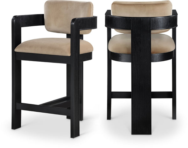 Meridian Furniture Sacha Beige Velvet Counter Stool with Fluted Wood Frame for Kitchen or Bar 11078Beige-C