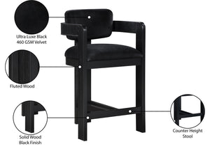 Meridian Furniture Sacha Fluted Wood Frame Counter Stool with Plush Black Velvet Upholstery 11078Black-C