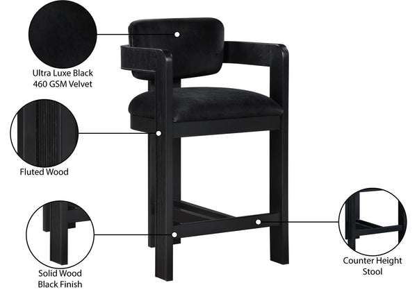 Meridian Furniture Sacha Fluted Wood Frame Counter Stool with Plush Black Velvet Upholstery 11078Black-C