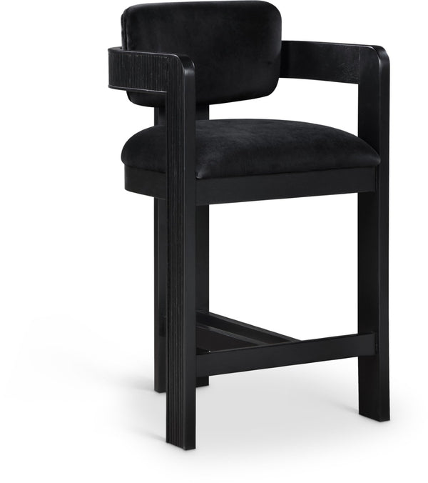 Meridian Furniture Sacha Fluted Wood Frame Counter Stool with Plush Black Velvet Upholstery 11078Black-C