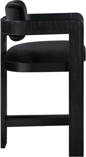 Meridian Furniture Sacha Fluted Wood Frame Counter Stool with Plush Black Velvet Upholstery 11078Black-C