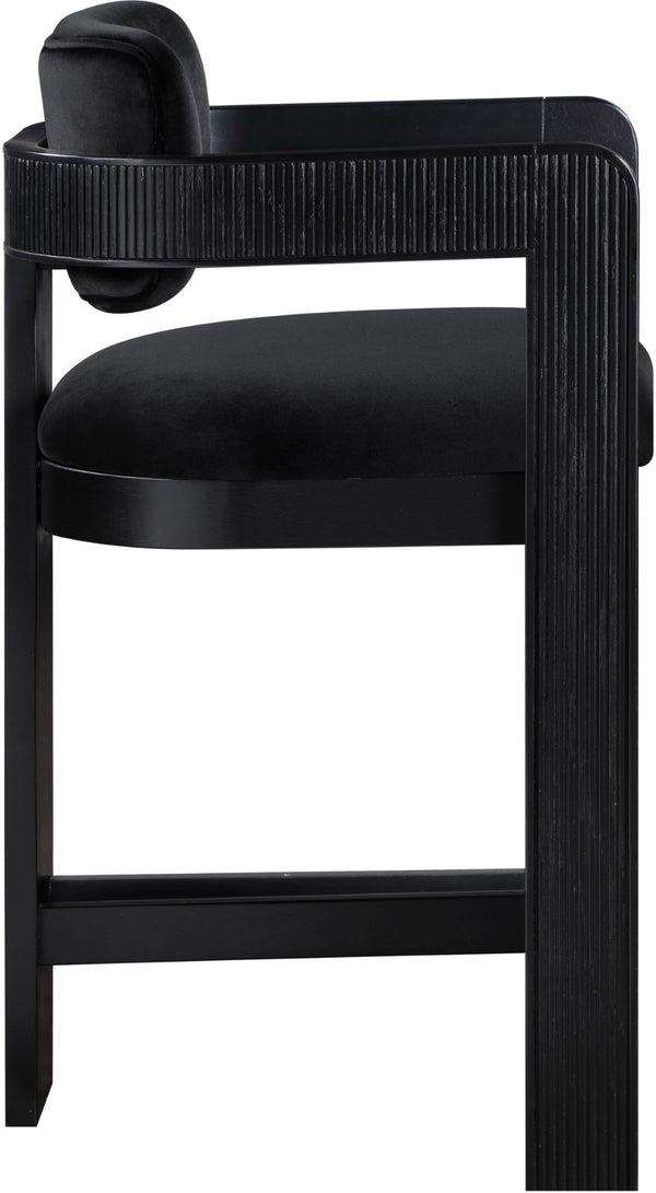 Meridian Furniture Sacha Fluted Wood Frame Counter Stool with Plush Black Velvet Upholstery 11078Black-C