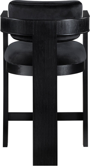 Meridian Furniture Sacha Fluted Wood Frame Counter Stool with Plush Black Velvet Upholstery 11078Black-C
