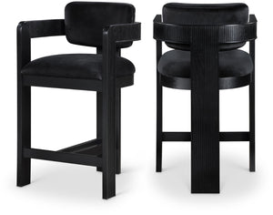 Meridian Furniture Sacha Fluted Wood Frame Counter Stool with Plush Black Velvet Upholstery 11078Black-C