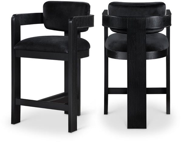 Meridian Furniture Sacha Fluted Wood Frame Counter Stool with Plush Black Velvet Upholstery 11078Black-C