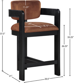 Meridian Furniture Sacha Cognac Velvet Counter Stool with Fluted Black Wood Frame for Bar Areas 11078Cognac-C