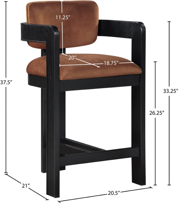 Meridian Furniture Sacha Cognac Velvet Counter Stool with Fluted Black Wood Frame for Bar Areas 11078Cognac-C