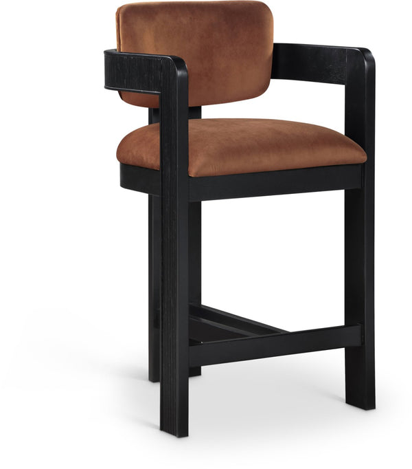 Meridian Furniture Sacha Cognac Velvet Counter Stool with Fluted Black Wood Frame for Bar Areas 11078Cognac-C