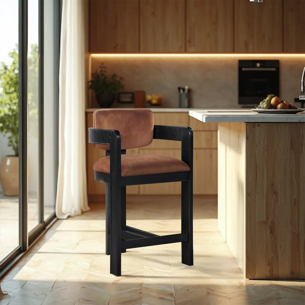 Meridian Furniture Sacha Cognac Velvet Counter Stool with Fluted Black Wood Frame for Bar Areas 11078Cognac-C