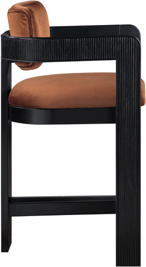 Meridian Furniture Sacha Cognac Velvet Counter Stool with Fluted Black Wood Frame for Bar Areas 11078Cognac-C