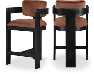 Meridian Furniture Sacha Cognac Velvet Counter Stool with Fluted Black Wood Frame for Bar Areas 11078Cognac-C