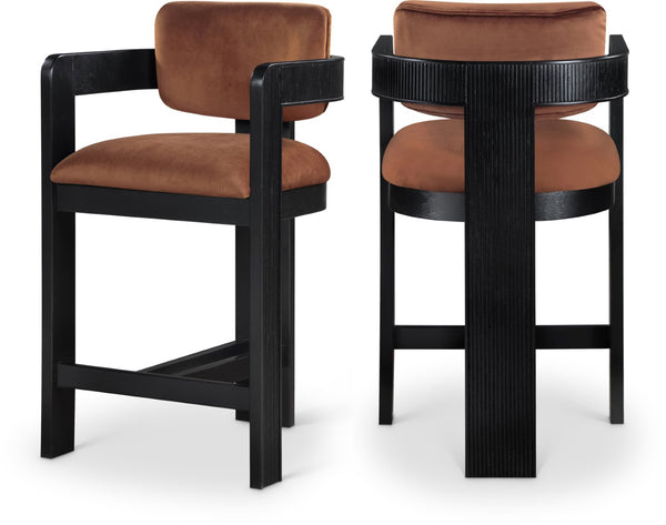 Meridian Furniture Sacha Cognac Velvet Counter Stool with Fluted Black Wood Frame for Bar Areas 11078Cognac-C