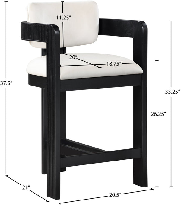 Meridian Furniture Sacha Fluted Wood Frame Velvet Counter Stool for Kitchen Islands and Breakfast Bars 11078Cream-C