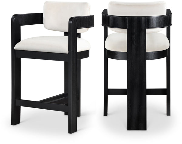 Meridian Furniture Sacha Fluted Wood Frame Velvet Counter Stool for Kitchen Islands and Breakfast Bars 11078Cream-C