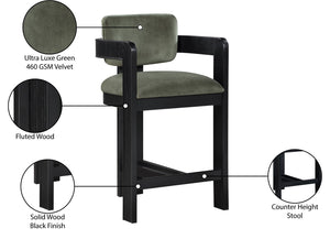 Meridian Furniture Sacha Fluted Leg Velvet Counter Stool with Solid Wood Frame for Kitchen Islands 11078Green-C