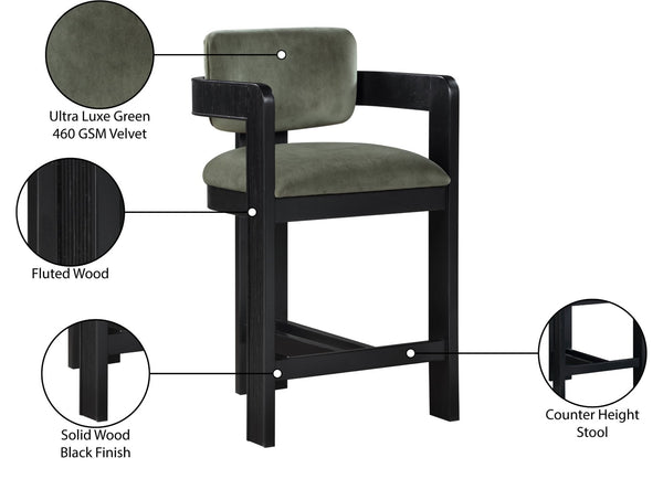Meridian Furniture Sacha Fluted Leg Velvet Counter Stool with Solid Wood Frame for Kitchen Islands 11078Green-C