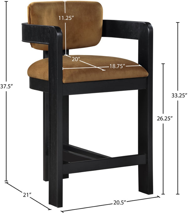 Meridian Furniture Sacha Fluted Solid Wood Counter Stool with Dense Saddle Velvet Kitchen Seating 11078Saddle-C