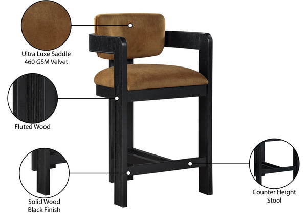 Meridian Furniture Sacha Fluted Solid Wood Counter Stool with Dense Saddle Velvet Kitchen Seating 11078Saddle-C
